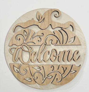 Welcome Split Swirly Pumpkin Fall Round Doorhanger 10