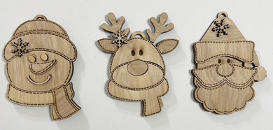 Whimsical Faux Stitched Snowman Rudolph Santa Christmas Ornament Tags Set of 3
