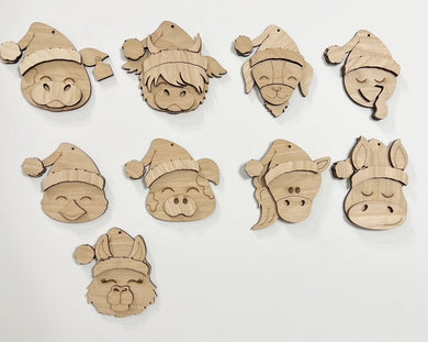 Farm Animal Santa Hat Christmas Ornament Tags Set of 9