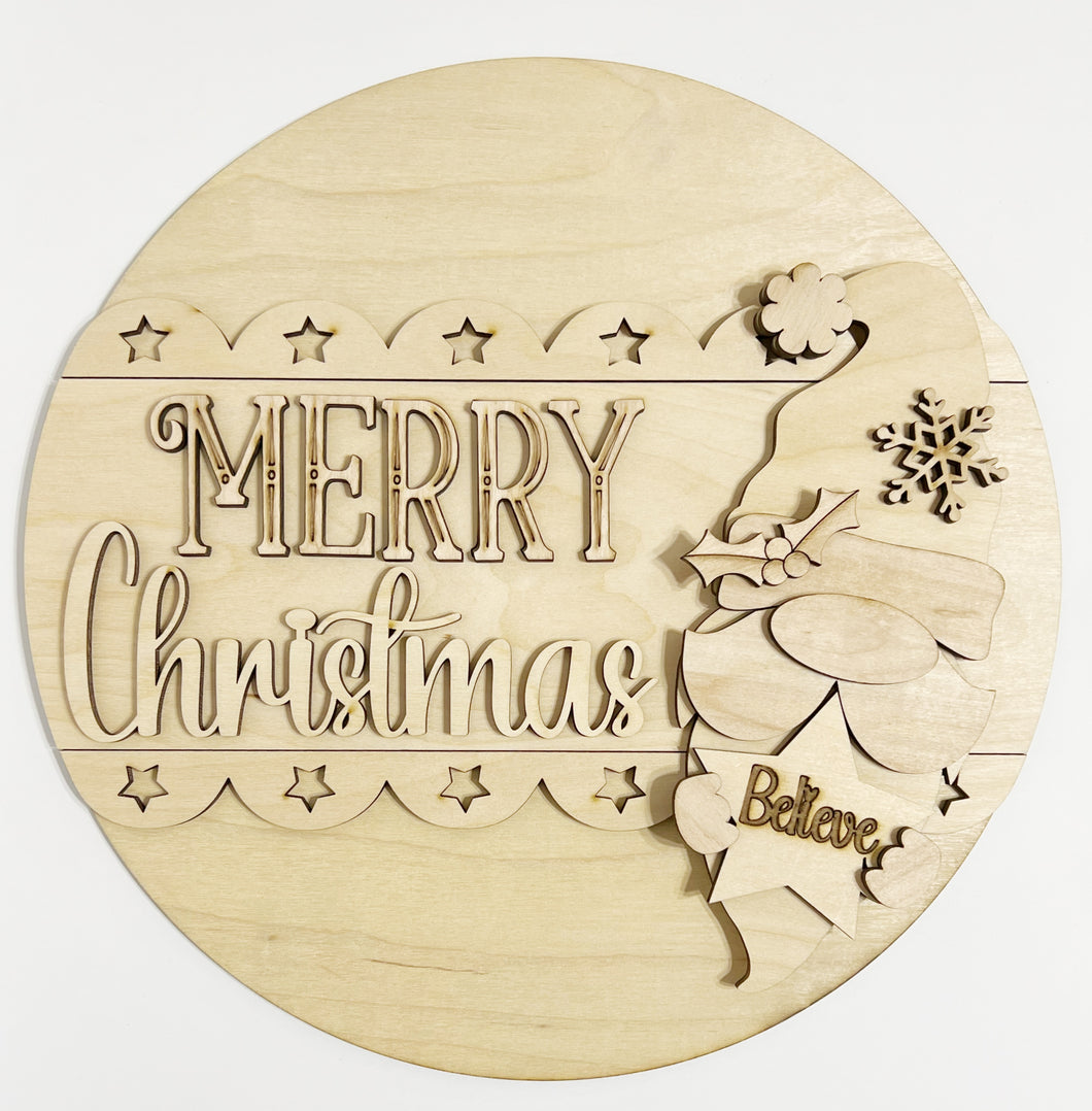 Merry Christmas Believe Santa Gnome Round Doorhanger