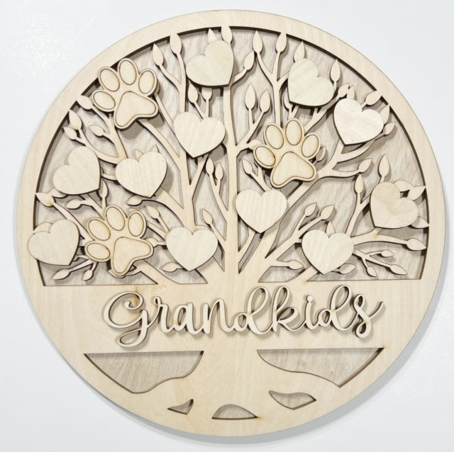 Grandkids Tree with Hearts and Pawprints Round Doorhanger