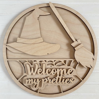 Welcome My Pretties Witch & Broom Round Doorhanger