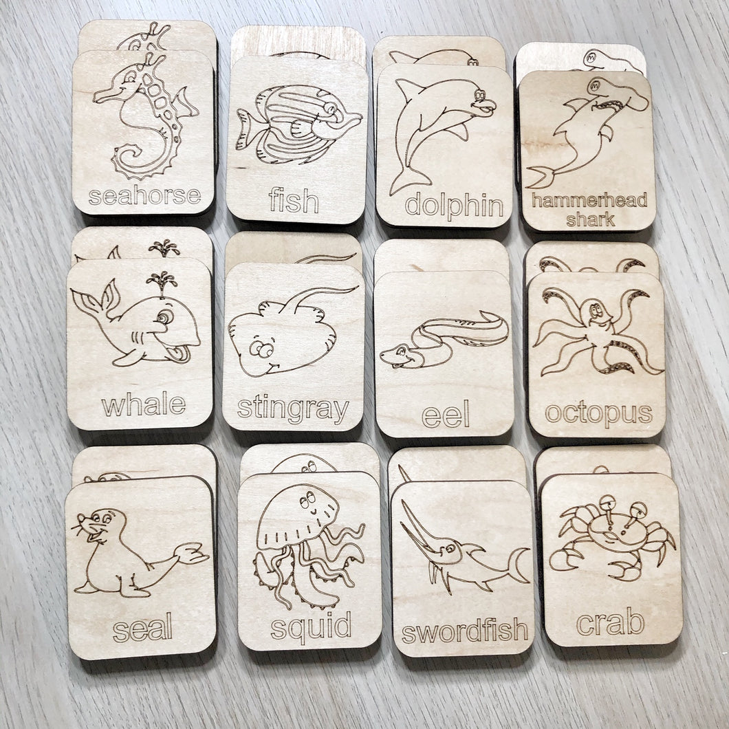 Sea Animals Memory Game - Wood Matching Game - Make a Match Educational Game - Wood Puzzle - Montessori - Open Ended Play - Learning