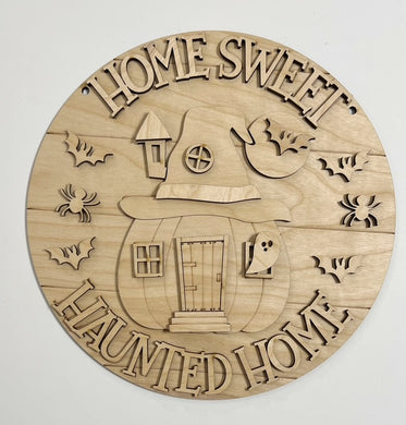 Home Sweet Haunted Home Pumpkin Spooky Halloween House Round Doorhanger