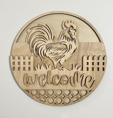 Welcome Morning Rooster on Fence Round Doorhanger