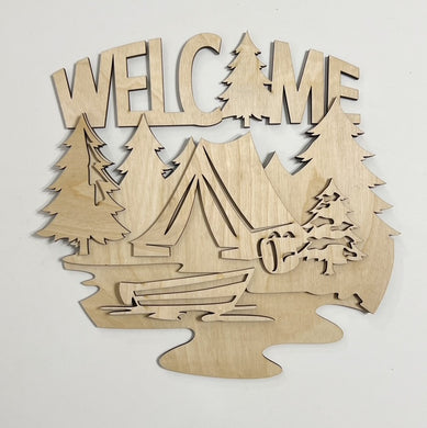 Welcome Camping Camp Site Trees Boat on Lake Summer Doorhanger