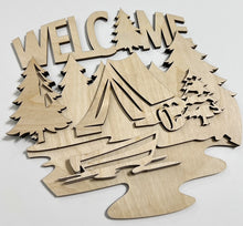 Welcome Camping Camp Site Trees Boat on Lake Summer Doorhanger