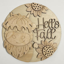 Hello Fall Highland Cow Sunflowers Round Doorhanger