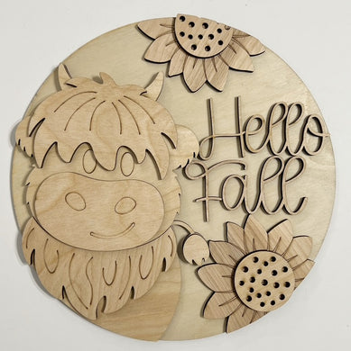Hello Fall Highland Cow Sunflowers Round Doorhanger