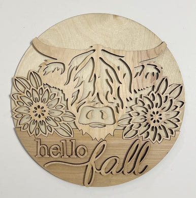 Hello Fall Highland Cow and Sunflowers Round Doorhanger