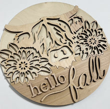 Hello Fall Highland Cow and Sunflowers Round Doorhanger