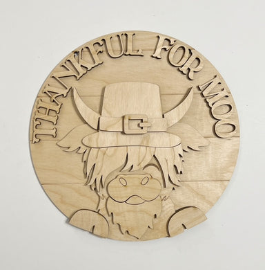 Thankful For Moo Pilgrim Highland Cow Thanksgiving Fall Round Doorhanger