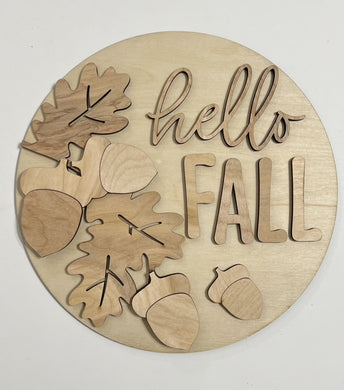 Falling Leaves and Acorns Hello Fall Round Doorhanger
