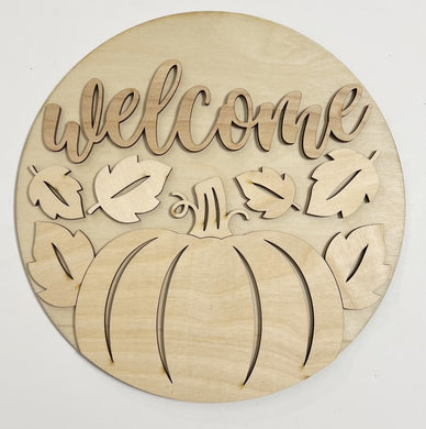 Large Pumpkin with Falling Leaves Welcome Thanksgiving Round Doorhanger