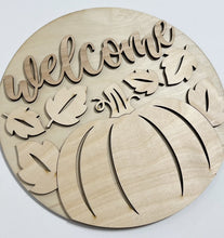 Large Pumpkin with Falling Leaves Welcome Thanksgiving Round Doorhanger