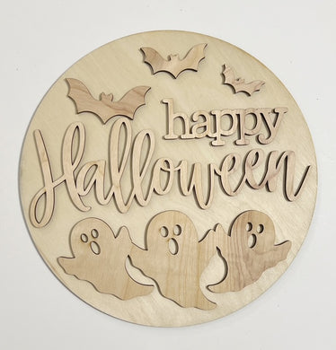 Happy Halloween Triple Flying Ghosts and Bats Round Doorhanger