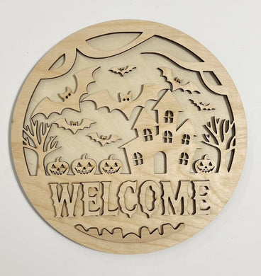 Welcome Bats Halloween Haunted House Pumpkins Round Doorhanger