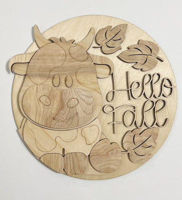 Cute Cow Hello Fall with Falling Leaves Round Doorhanger