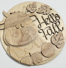Cute Cow Hello Fall with Falling Leaves Round Doorhanger