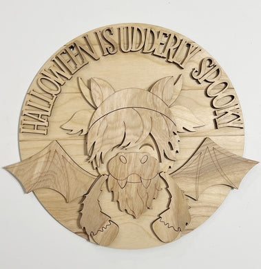 Halloween Is Udderly Spooky Highland Cow with Bat Wings Round Doorhanger