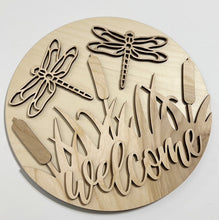 Welcome Dragonflies Cattails in Grass Round Doorhanger