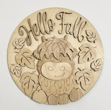 Hello Fall Cute Highland Cow with Falling Leaves Round Doorhanger