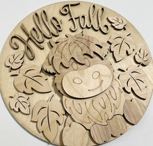 Hello Fall Cute Highland Cow with Falling Leaves Round Doorhanger