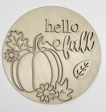 Hello Fall Pumpkin with Leaves and Flowers Outline Round Doorhanger