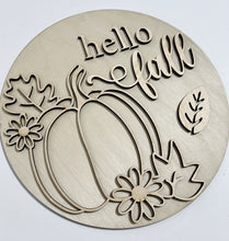 Hello Fall Pumpkin with Leaves and Flowers Outline Round Doorhanger