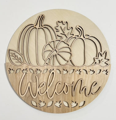 Welcome Triple Pumpkin Outlines with Leaf Cutouts Round Doorhanger
