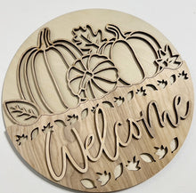 Welcome Triple Pumpkin Outlines with Leaf Cutouts Round Doorhanger