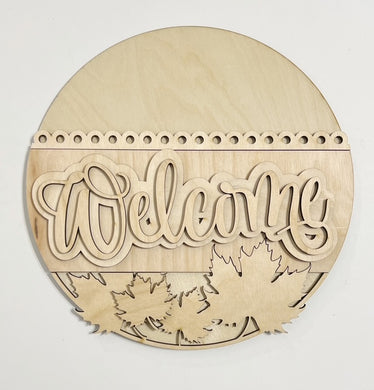 Fancy Welcome Fall Maple Leaves and Scalloped Edge Round Doorhanger