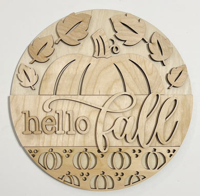 Hello Fall Half Pumpkin with Leaves and Pumpkins Cutouts Round Doorhanger