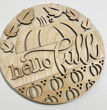 Hello Fall Half Pumpkin with Leaves and Pumpkins Cutouts Round Doorhanger