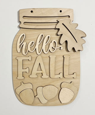 Hello Fall Leaf and Acorns Beach Mason Jar Cutout Doorhanger