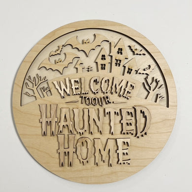 Welcome To Our Haunted Home Halloween Spooky Bats Round Doorhanger