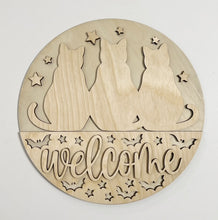 Halloween Welcome Trio of Cats with Stars and Bats Round Doorhanger