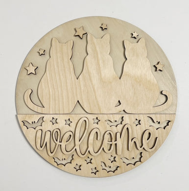 Halloween Welcome Trio of Cats with Stars and Bats Round Doorhanger