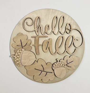 Hello Fall Leaves and Acorns Round Doorhanger