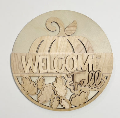 Welcome Fall Half Pumpkin Double Layered Leaves Round Doorhanger