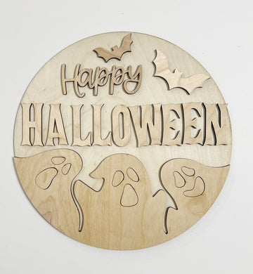 Happy Halloween Triple Spooky Scary Ghosts with Bats Round Doorhanger