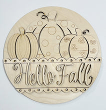 Hello Fall Cute Triple Pumpkins with Scalloped Edges Round Doorhanger