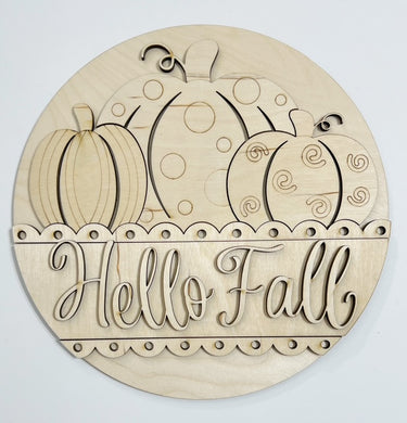 Hello Fall Cute Triple Pumpkins with Scalloped Edges Round Doorhanger