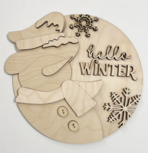 Hello Winter Artistic Snowman with Snowflakes Round Doorhanger