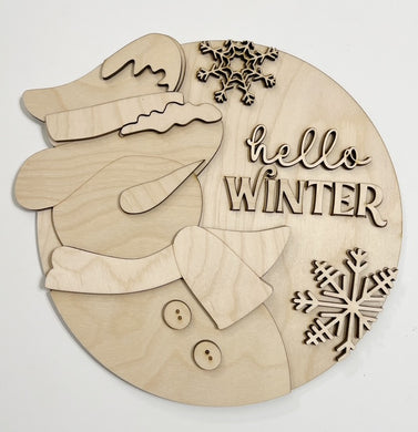 Hello Winter Artistic Snowman with Snowflakes Round Doorhanger
