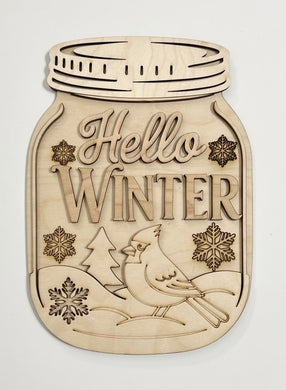 Hello Winter Cardinal and Snowflakes Mason Jar Cutout Doorhanger