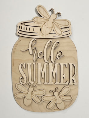 Hello Summer Fireflies Mason Jar Cutout Doorhanger