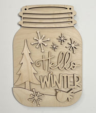 Hello Winter Pine Tree and Snowflakes Mason Jar Cutout Doorhanger
