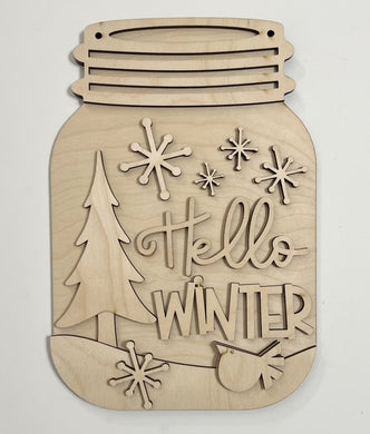 Hello Winter Pine Tree and Snowflakes Mason Jar Cutout Doorhanger