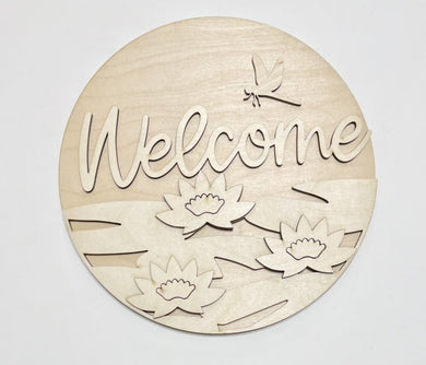 Welcome Lily Pads Dragonfly Pond Round Doorhanger